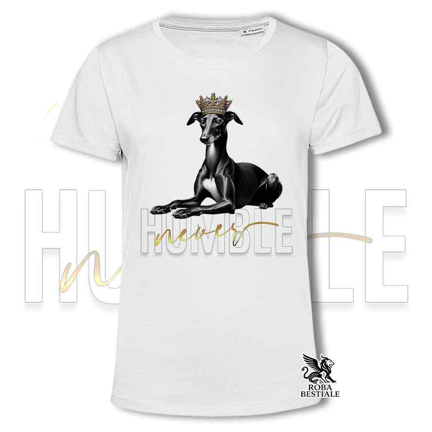 T-shirt stampata con un Piccolo Levriero Italiano nero, colore bianco con grafica Never Humble