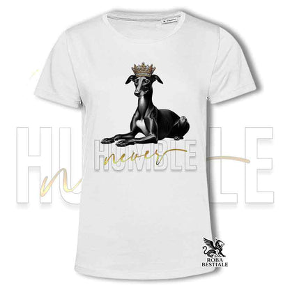 T-shirt stampata con un Piccolo Levriero Italiano nero, colore bianco con grafica Never Humble