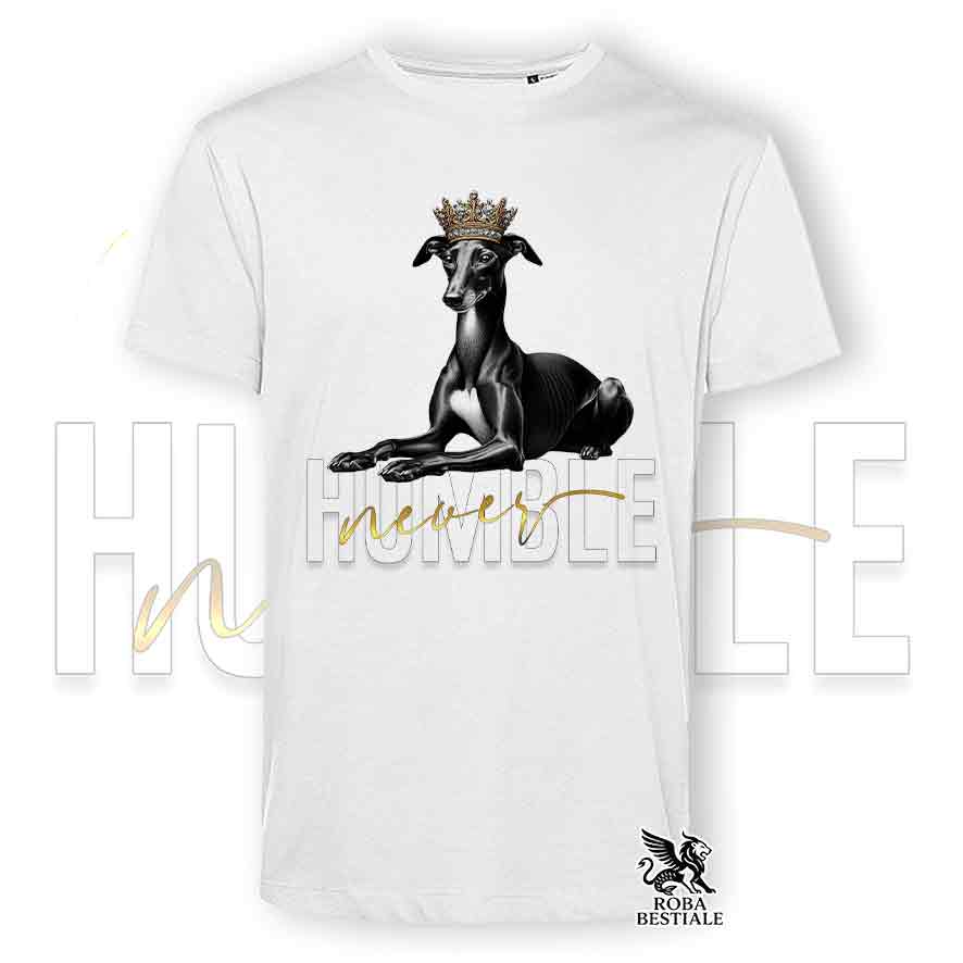 T-shirt stampata con un Piccolo Levriero Italiano nero, colore bianco con grafica Never Humble