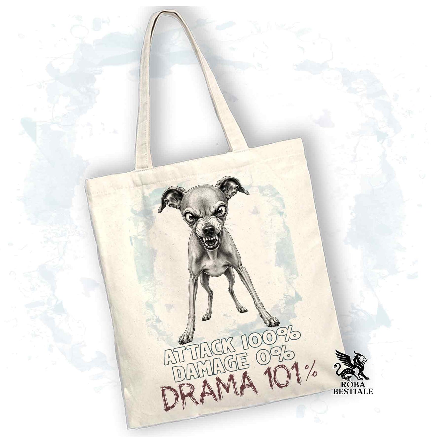 Borsa Tote beige con stampata un Piccolo Levriero Italiano, grafica Drama 101 originale di Roba Bestiale 