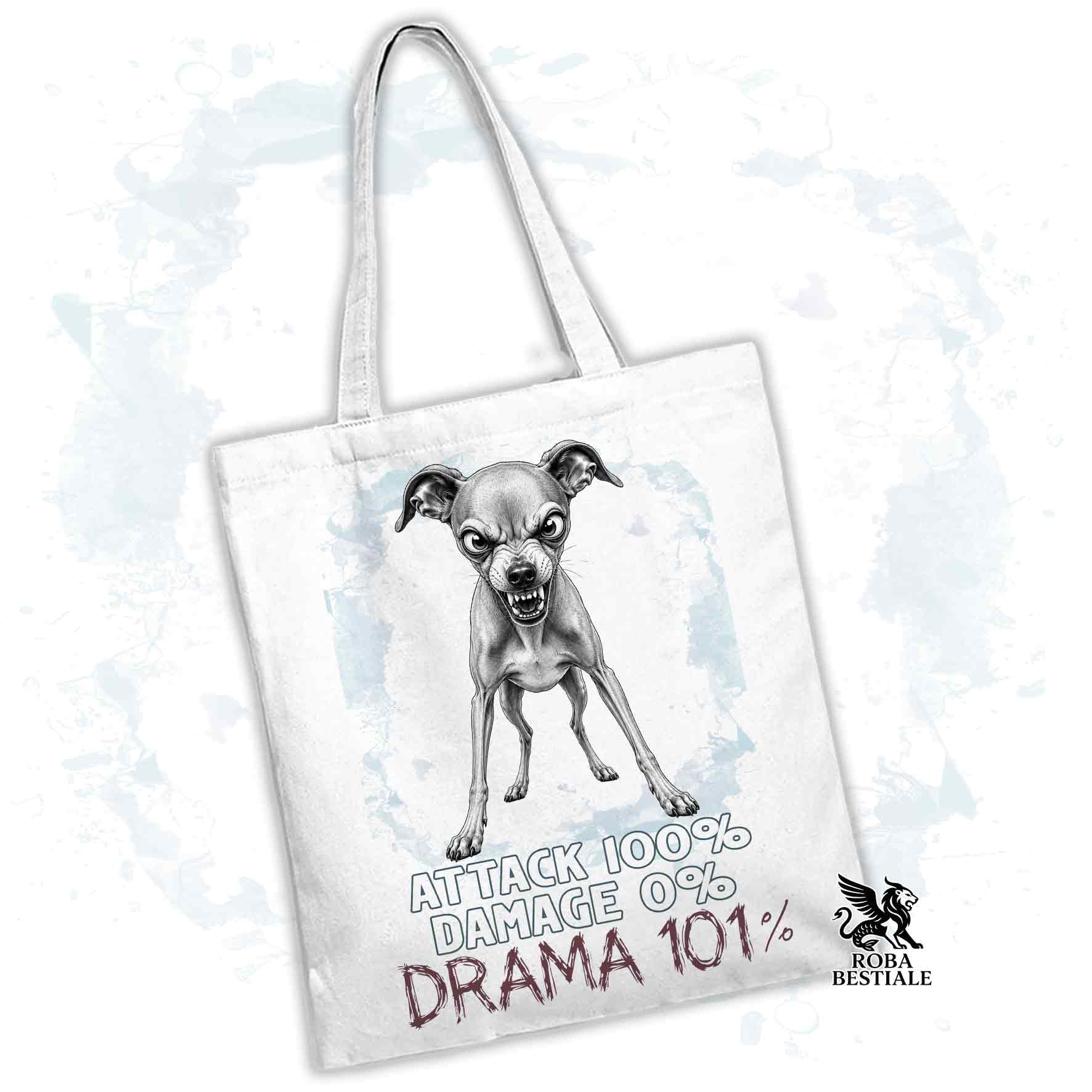 Borsa Tote bianca con stampata un Piccolo Levriero Italiano, grafica Drama 101 originale di Roba Bestiale 