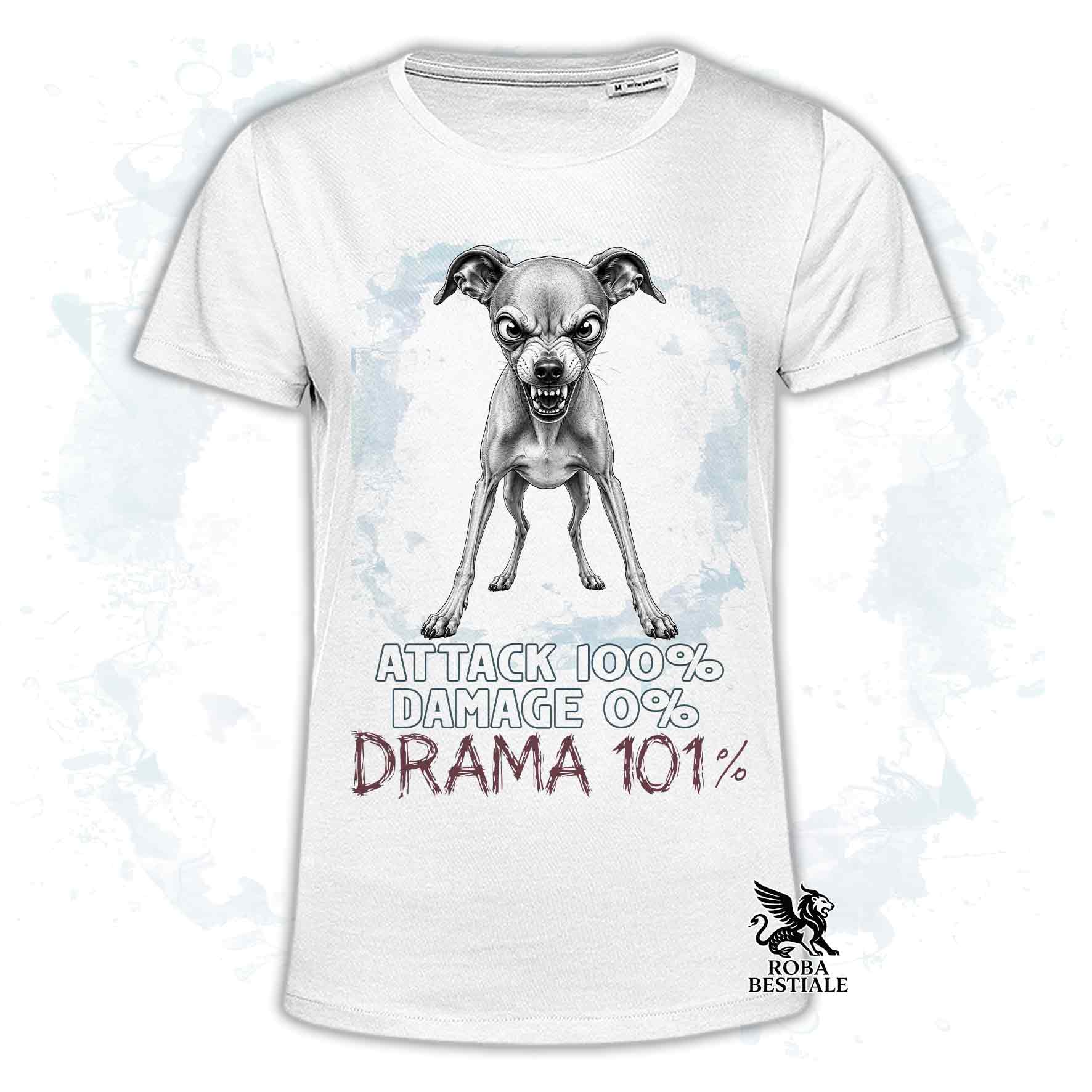 Maglietta bianca stampata con un Piccolo Levriero Italiano, collezione originale Drama 101 di Roba Bestiale 