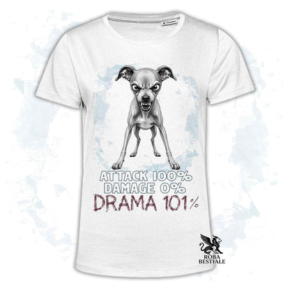 Maglietta bianca stampata con un Piccolo Levriero Italiano, collezione originale Drama 101 di Roba Bestiale 