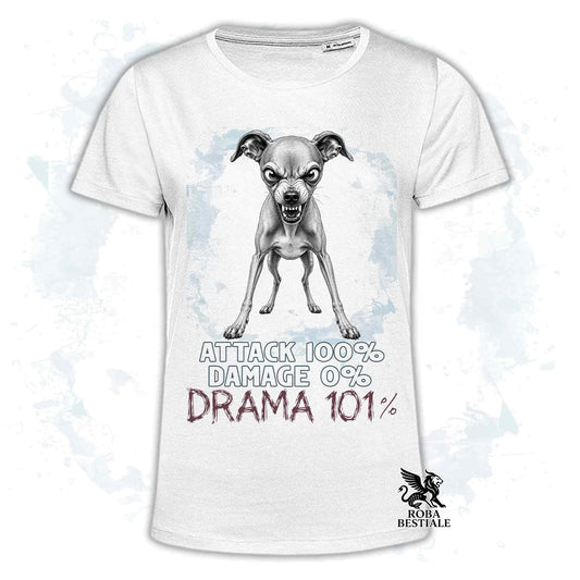 Maglietta bianca stampata con un Piccolo Levriero Italiano, collezione originale Drama 101 di Roba Bestiale 