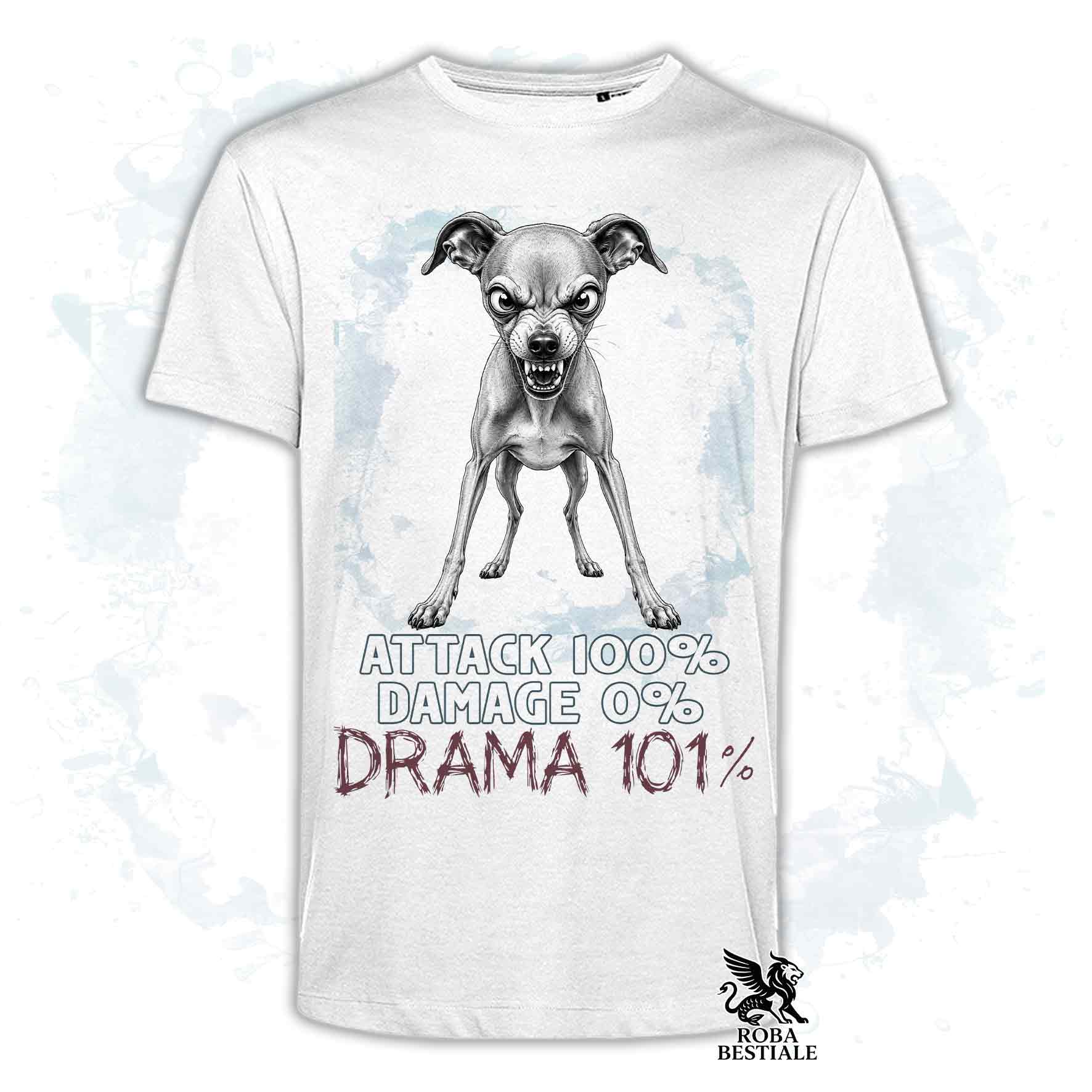 Maglietta bianca stampata con un Piccolo Levriero Italiano, collezione originale Drama 101 di Roba Bestiale 