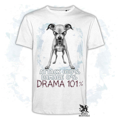 Maglietta bianca stampata con un Piccolo Levriero Italiano, collezione originale Drama 101 di Roba Bestiale 