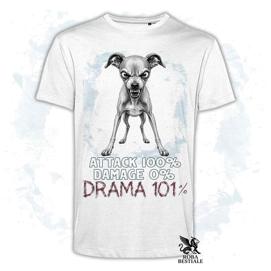 Maglietta bianca stampata con un Piccolo Levriero Italiano, collezione originale Drama 101 di Roba Bestiale 