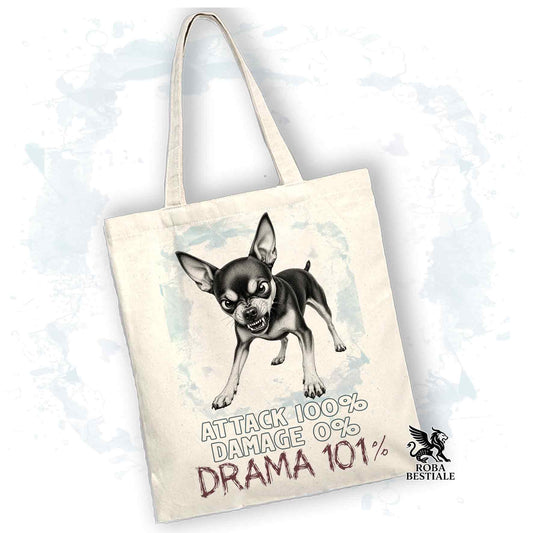 Borsa Tote beige con stampata un Pinscher nano, grafica Drama 101 originale di Roba Bestiale 