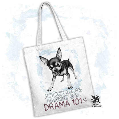 Borsa Tote bianca con stampata un Pinscher nano, grafica Drama 101 originale di Roba Bestiale 
