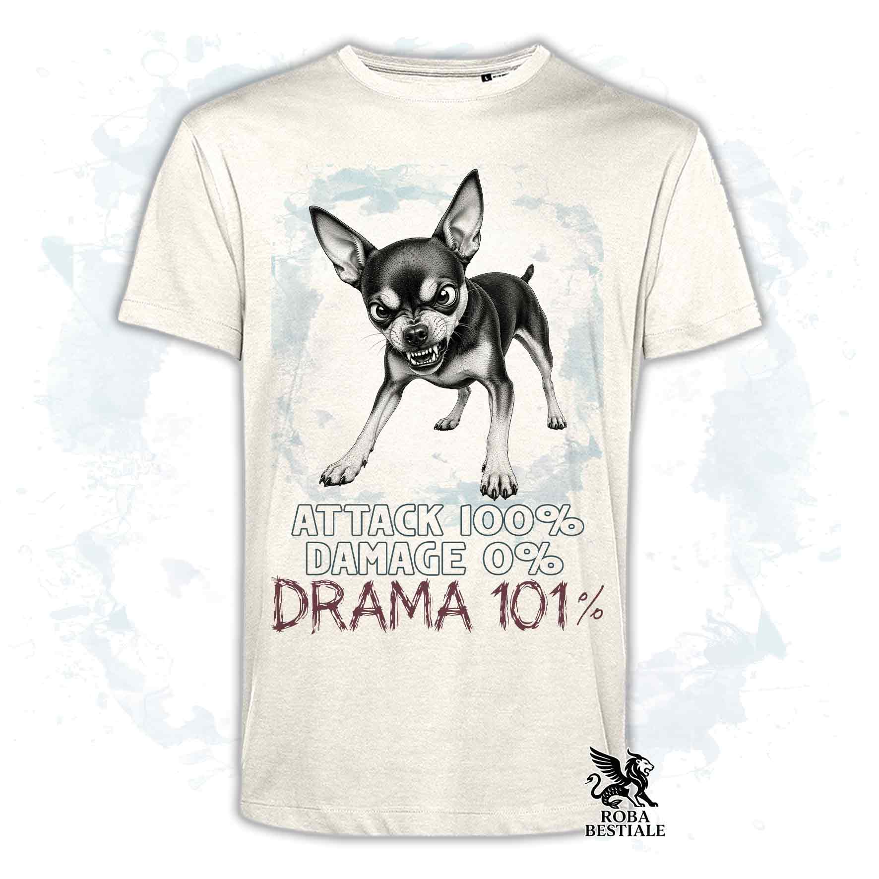 Maglietta beige stampata con un Pinscher nano, collezione originale Drama 101 di Roba Bestiale 