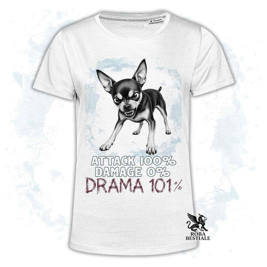 Maglietta bianca stampata con un Pinscher nano, collezione originale Drama 101 di Roba Bestiale 
