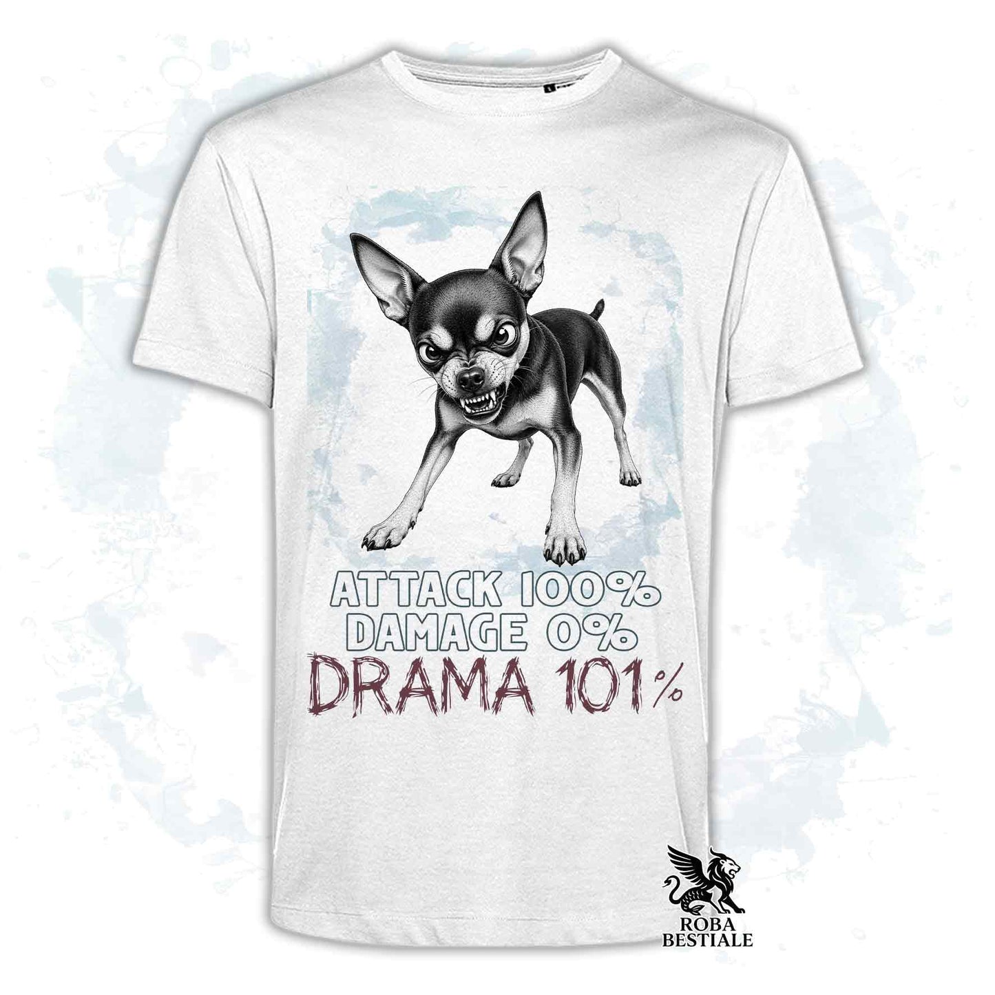 Maglietta bianca stampata con un Pinscher nano, collezione originale Drama 101 di Roba Bestiale 
