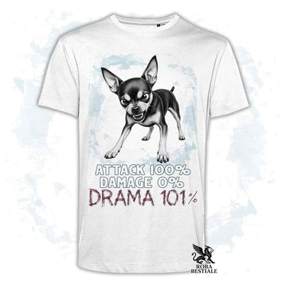 Maglietta bianca stampata con un Pinscher nano, collezione originale Drama 101 di Roba Bestiale 
