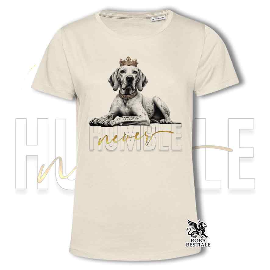 T-shirt stampata con un Pointer Inglese, colore beige con grafica Never Humble
