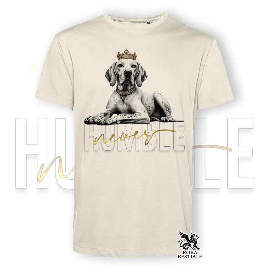 T-shirt stampata con un Pointer Inglese, colore beige con grafica Never Humble