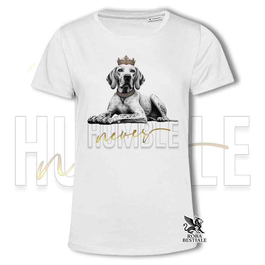 T-shirt stampata con un Pointer Inglese, colore bianco con grafica Never Humble