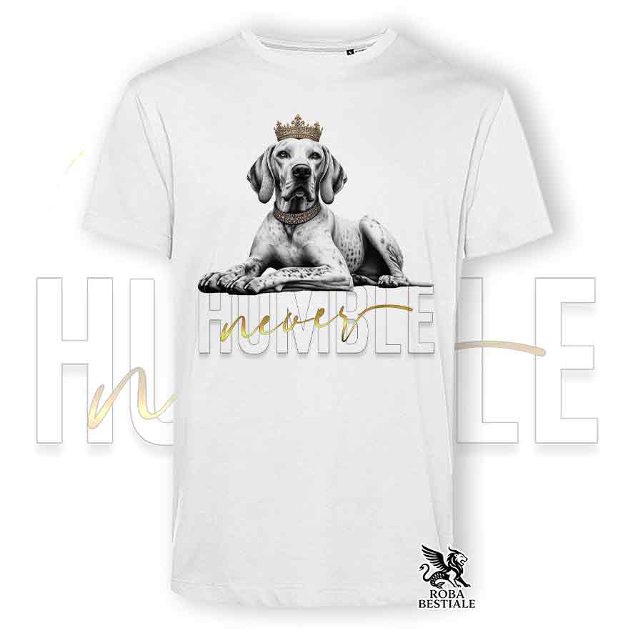 T-shirt stampata con un Pointer Inglese, colore bianco con grafica Never Humble