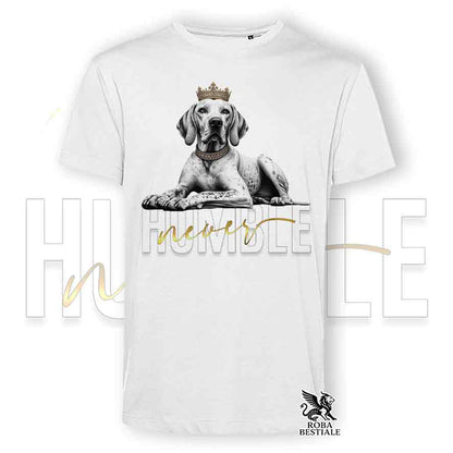 T-shirt stampata con un Pointer Inglese, colore bianco con grafica Never Humble