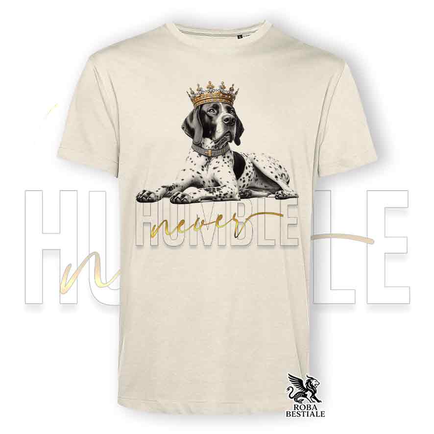 T-shirt stampata con un Pointer Inglese, colore beige con grafica Never Humble