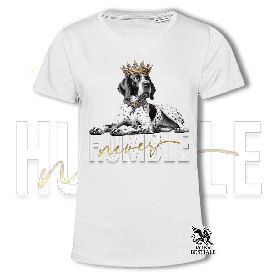 T-shirt stampata con un Pointer Inglese, colore bianco con grafica Never Humble