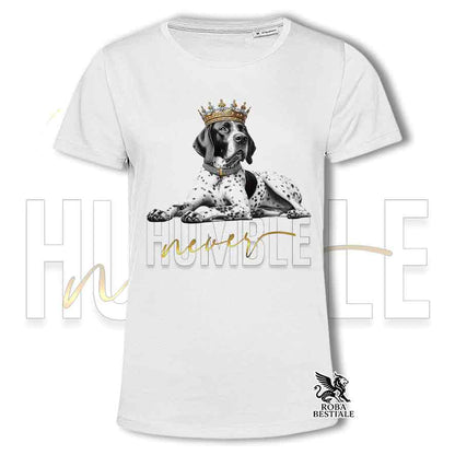 T-shirt stampata con un Pointer Inglese, colore bianco con grafica Never Humble
