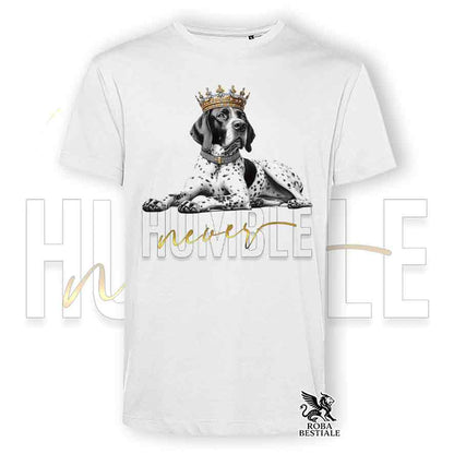 T-shirt stampata con un Pointer Inglese, colore bianco con grafica Never Humble