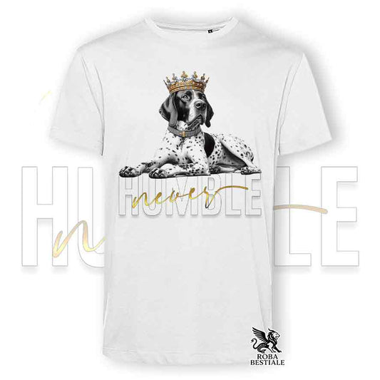T-shirt stampata con un Pointer Inglese, colore bianco con grafica Never Humble