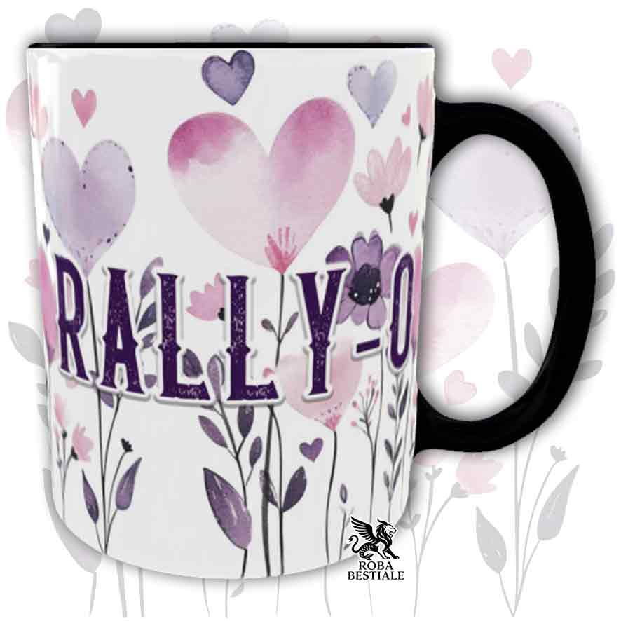 Tazza con dettagli neri stampata con una grafica dedicata alla Rally-O, collezione Candy