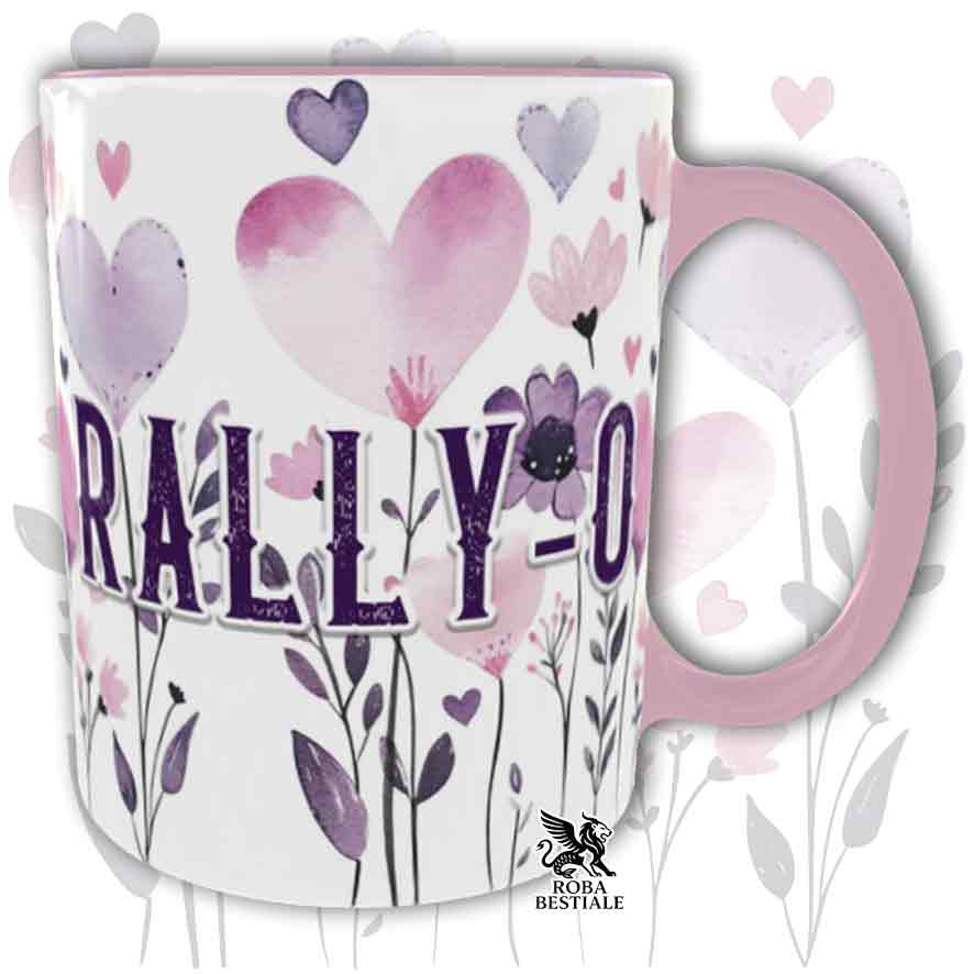 Tazza con dettagli rosa stampata con una grafica dedicata alla Rally-O, collezione Candy