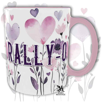Tazza con dettagli rosa stampata con una grafica dedicata alla Rally-O, collezione Candy