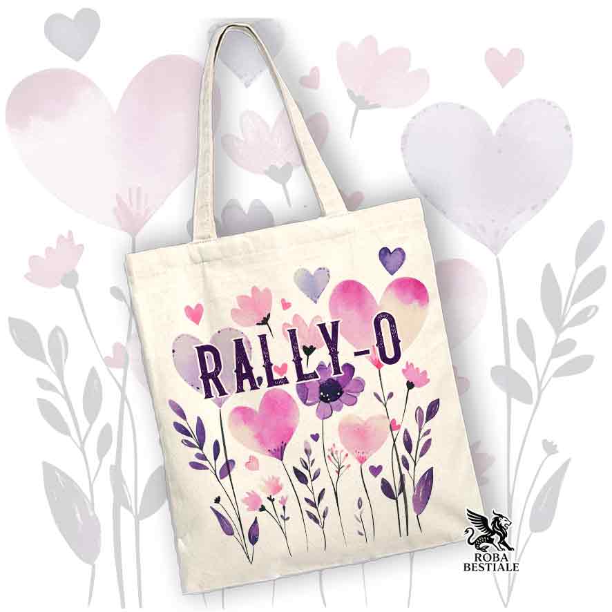 Borsa shopper beige stampata con una grafica dedicata alla Rally-O, collezione Candy
