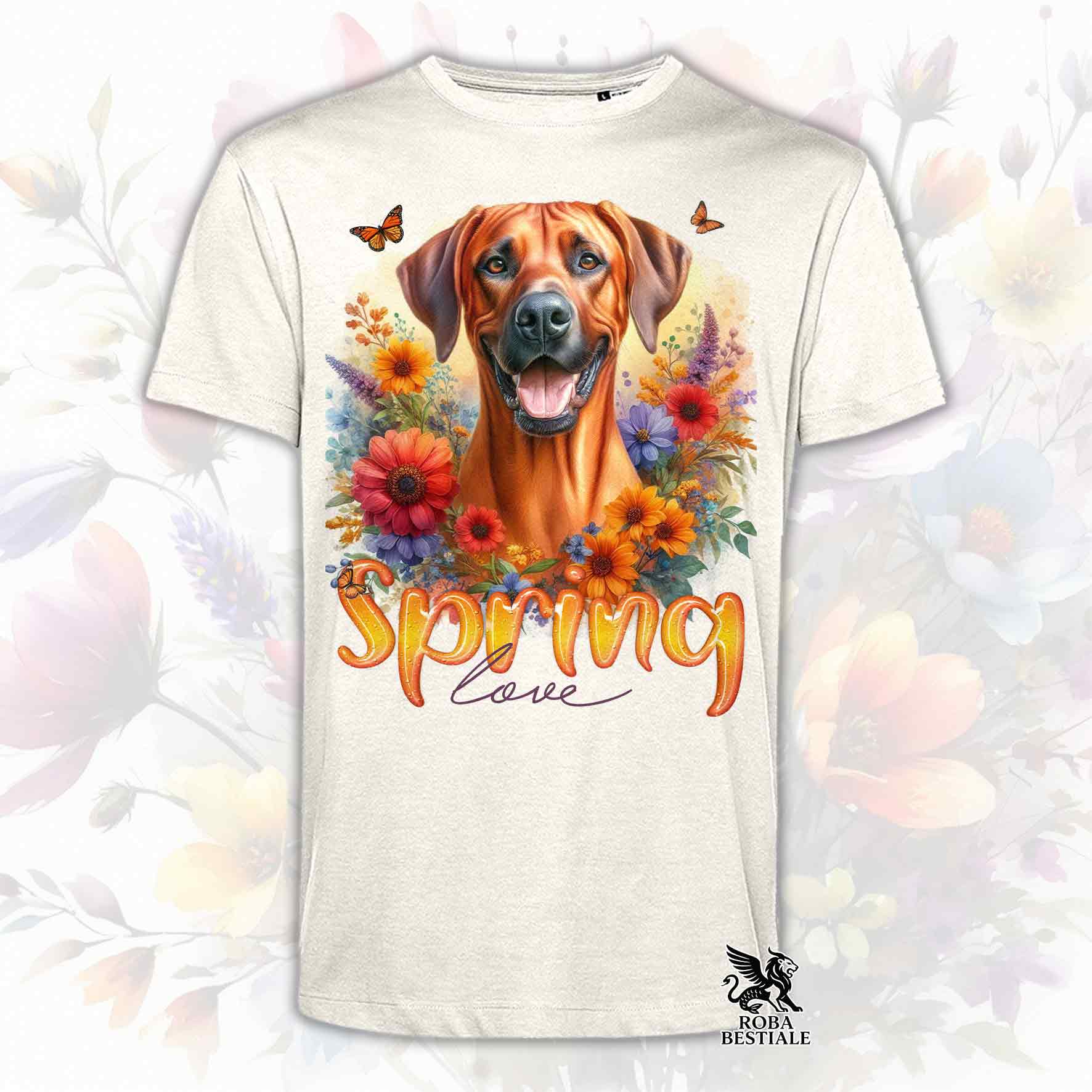 Una t-shirt beige stampata con un Rhodesian Ridgeback immerso in fiori colorati. Collezione Spring Love di Roba Bestiale