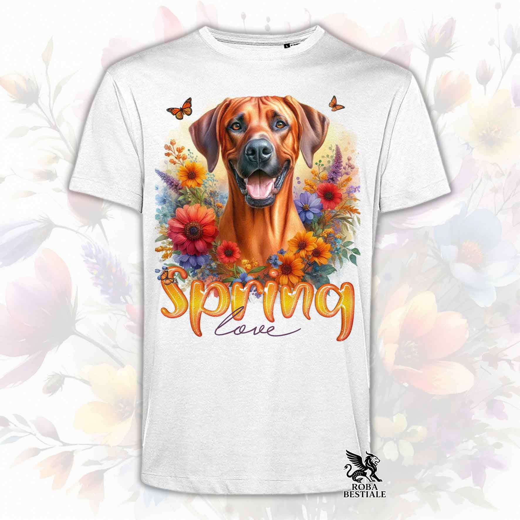 Una t-shirt bianca stampata con un Rhodesian Ridgeback immerso in fiori colorati. Collezione Spring Love di Roba Bestiale