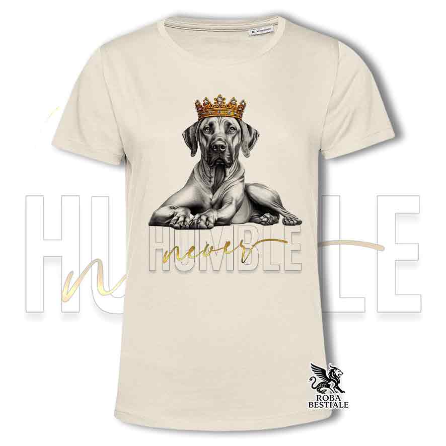 T-shirt stampata con un Rhodesian Ridgeback, colore beige con grafica Never Humble