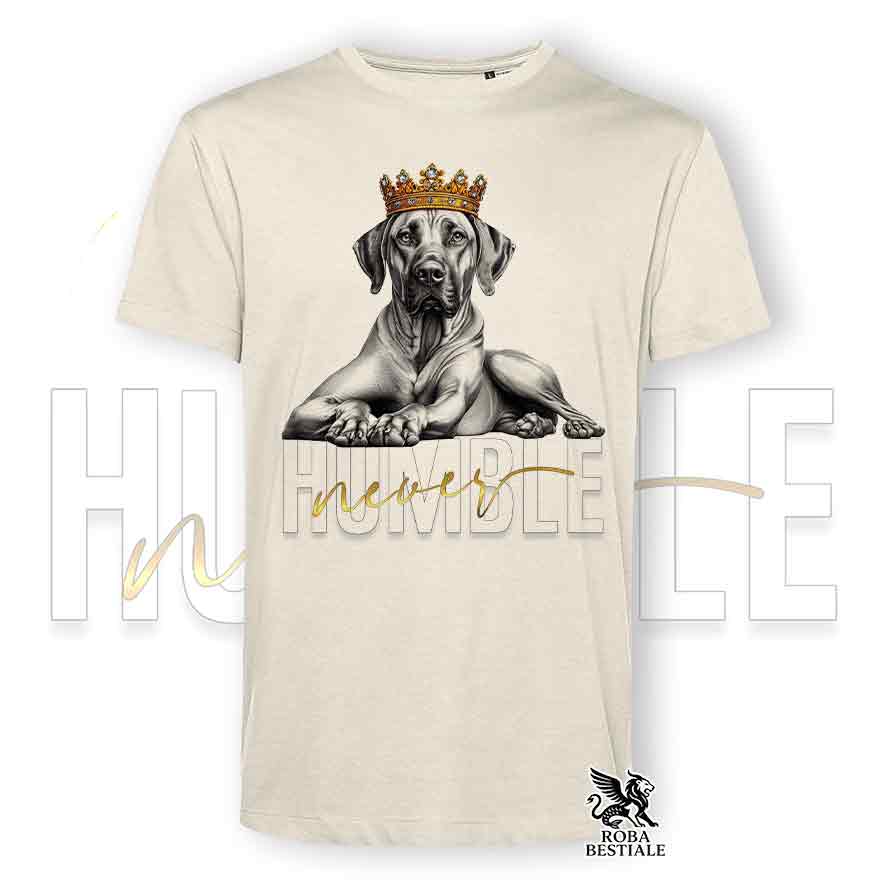 T-shirt stampata con un Rhodesian Ridgeback, colore beige con grafica Never Humble
