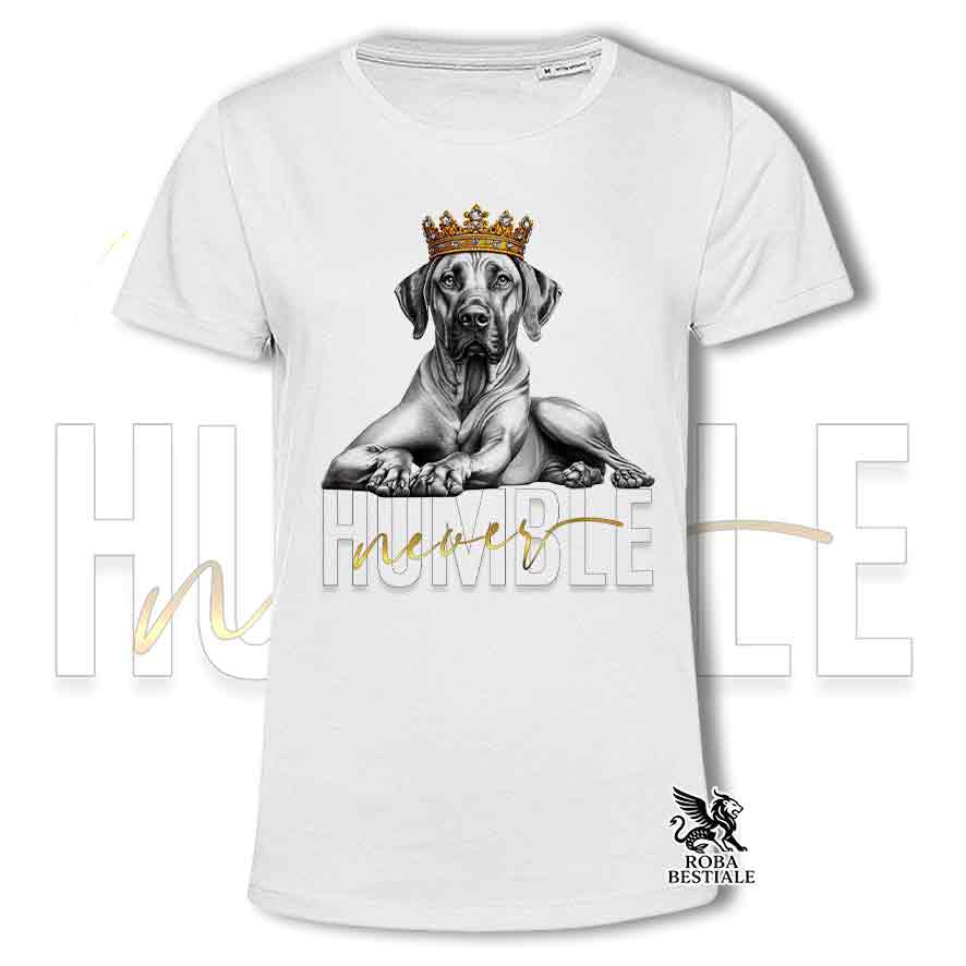 T-shirt stampata con un Rhodesian Ridgeback, colore bianco con grafica Never Humble