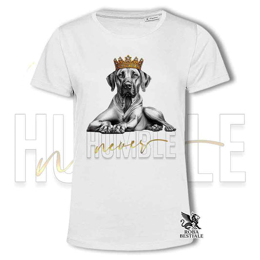 T-shirt stampata con un Rhodesian Ridgeback, colore bianco con grafica Never Humble