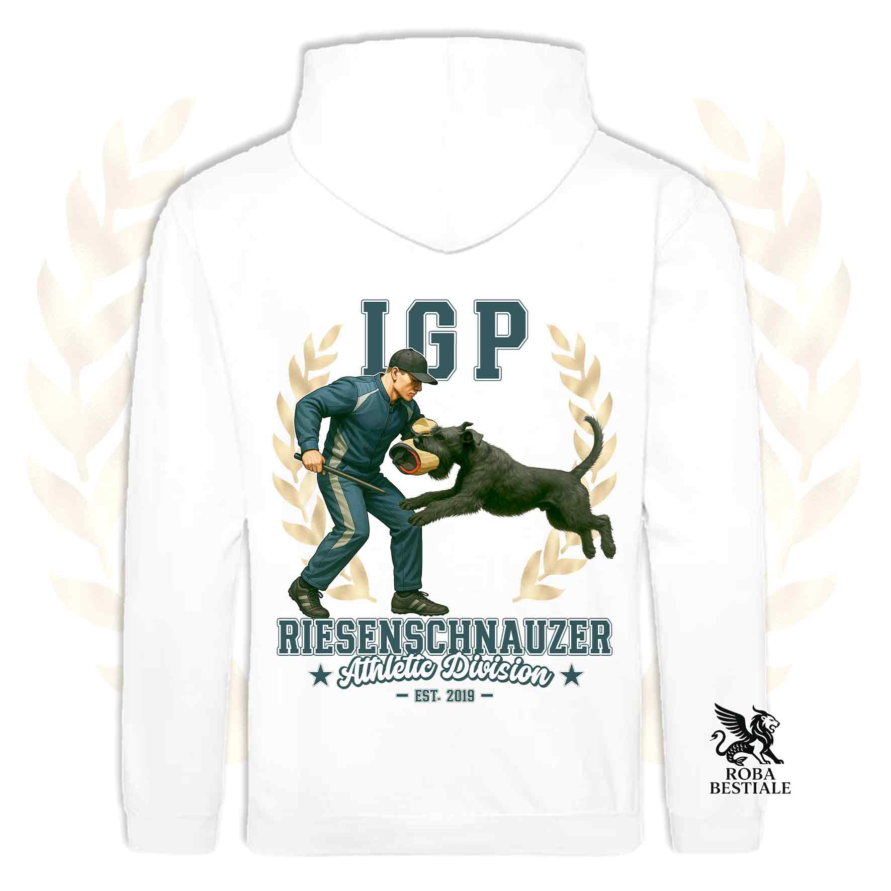 Una felpa con cappuccio e tasconi stampata con un Riesenschnauzer che fa IGP. Grafica originale Roba Bestiale