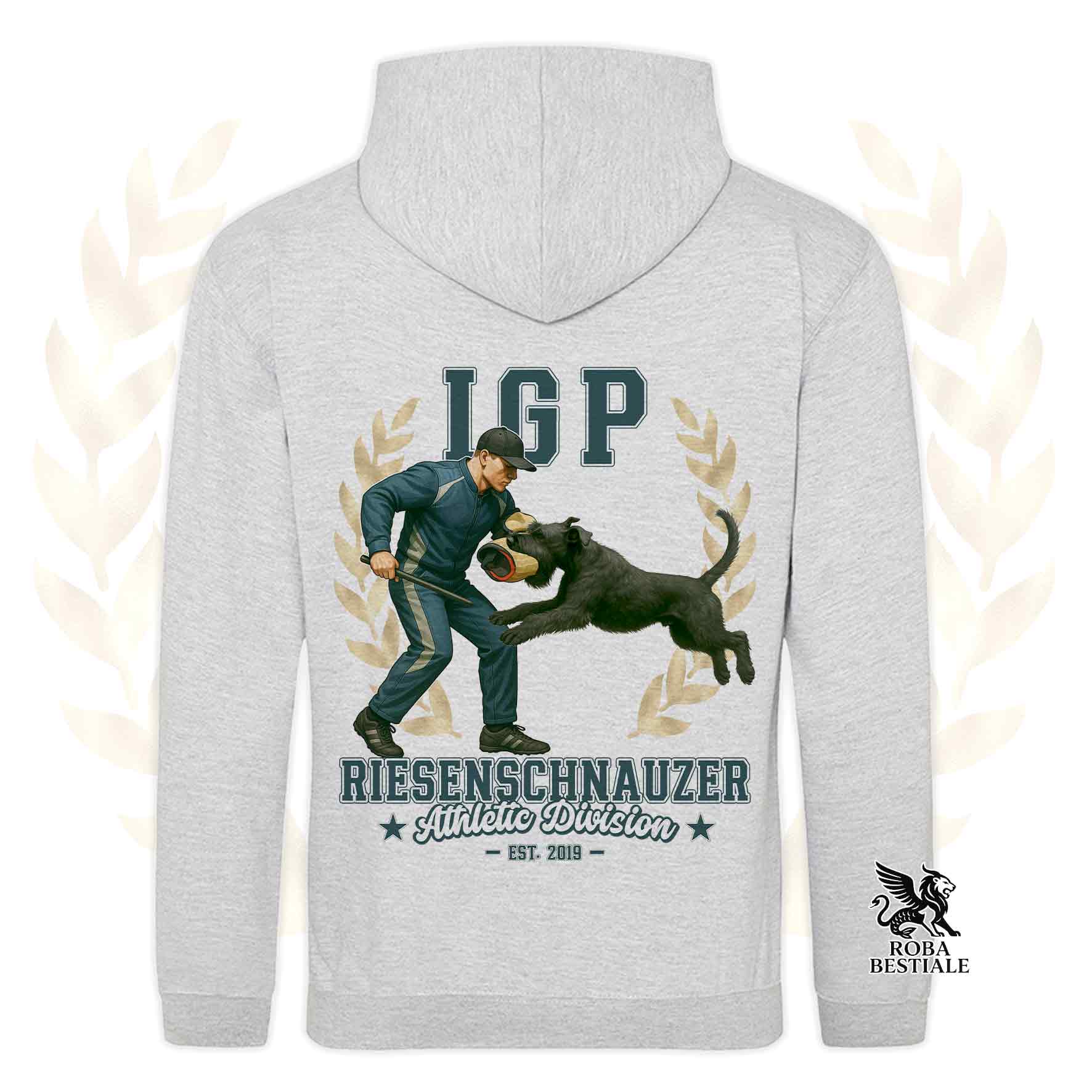Una felpa con cappuccio e tasconi stampata con un Riesenschnauzer che fa IGP. Grafica originale Roba Bestiale