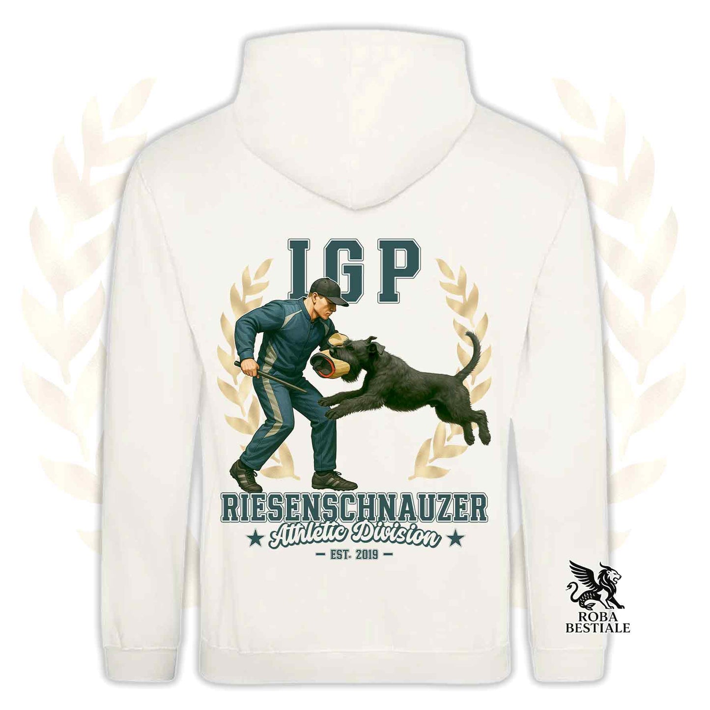 Una felpa con cappuccio e tasconi stampata con un Riesenschnauzer che fa IGP. Grafica originale Roba Bestiale