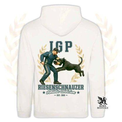 Una felpa con cappuccio e tasconi stampata con un Riesenschnauzer che fa IGP. Grafica originale Roba Bestiale