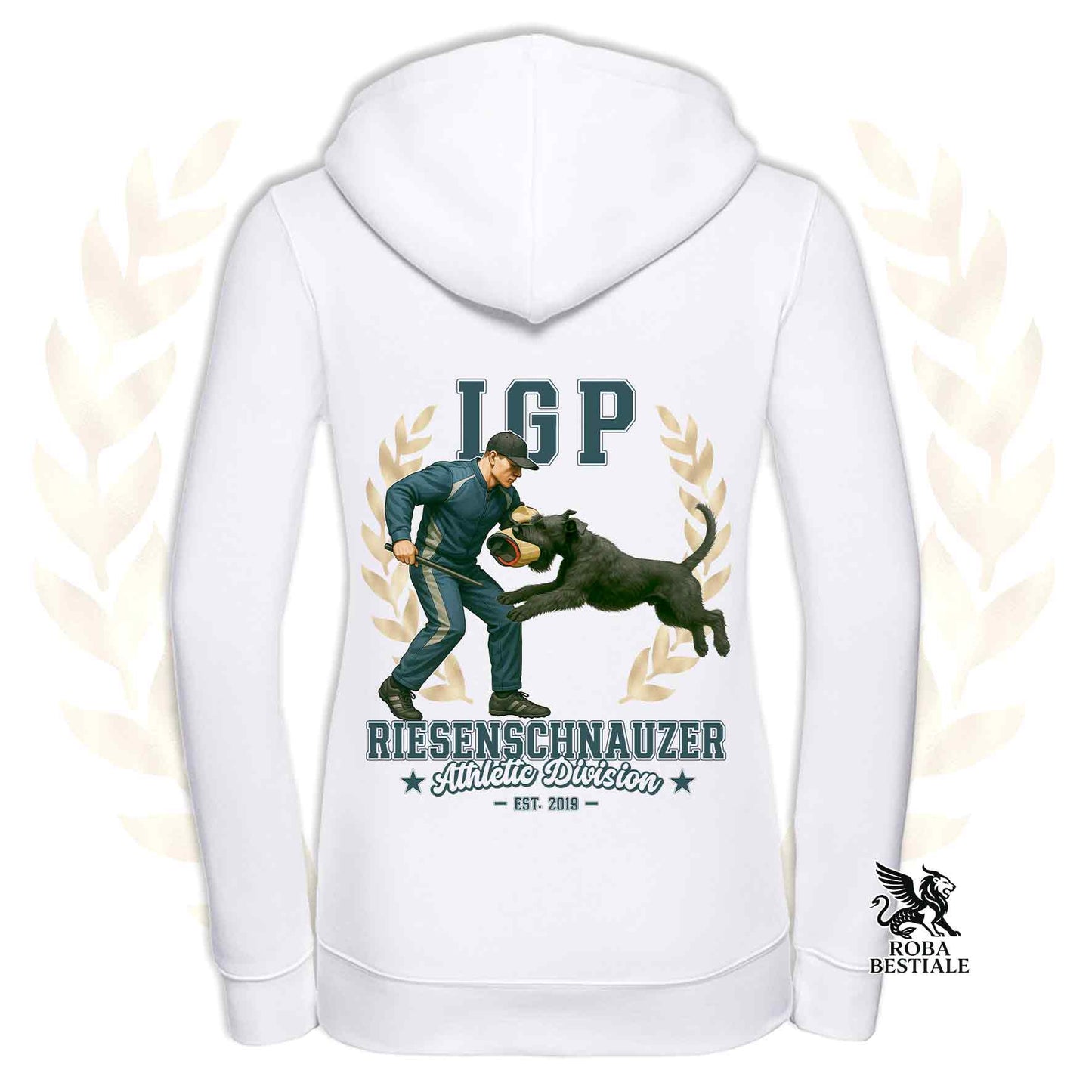 Una felpa con cappuccio e zip stampata con un Riesenschnauzer che fa IGP. Grafica originale Roba Bestiale