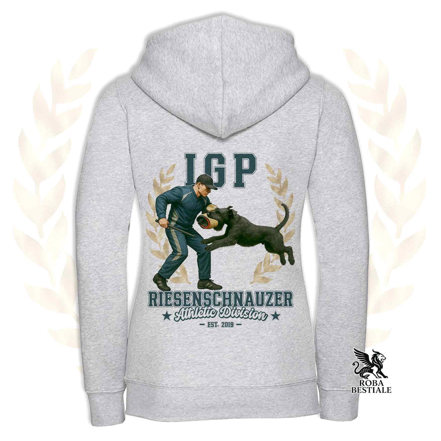Una felpa con cappuccio e zip stampata con un Riesenschnauzer che fa IGP. Grafica originale Roba Bestiale