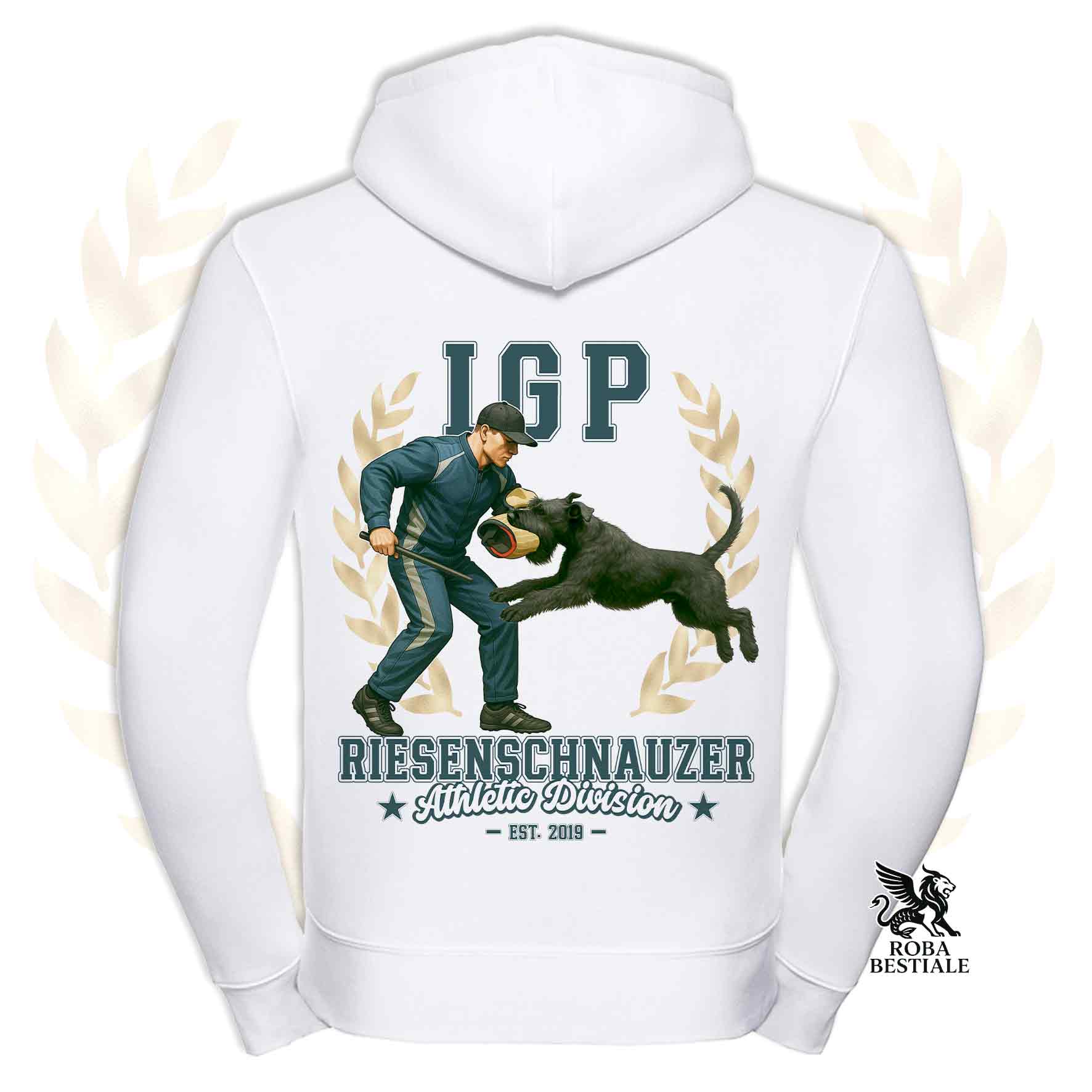 Una felpa con cappuccio e zip stampata con un Riesenschnauzer che fa IGP. Grafica originale Roba Bestiale