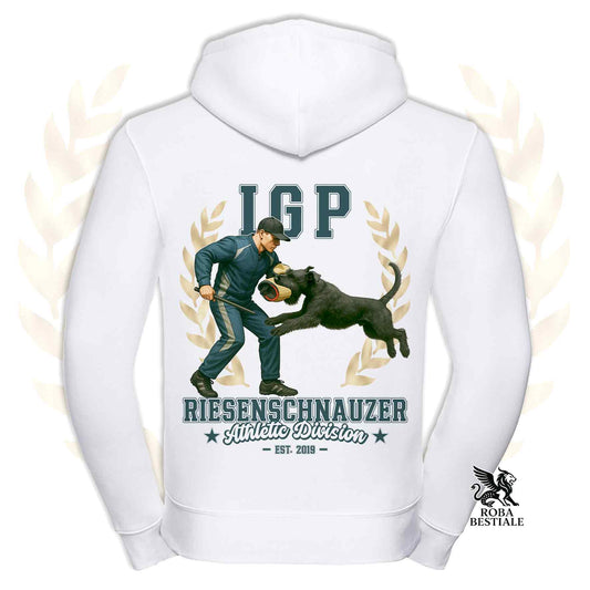Una felpa con cappuccio e zip stampata con un Riesenschnauzer che fa IGP. Grafica originale Roba Bestiale