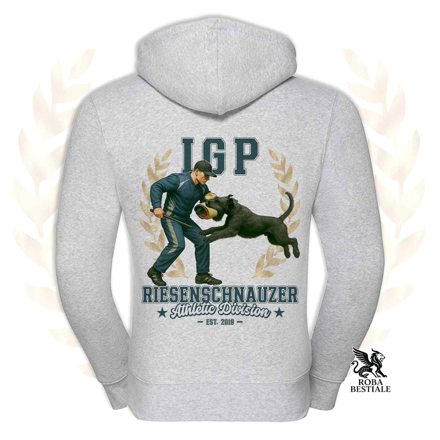 Una felpa con cappuccio e zip stampata con un Riesenschnauzer che fa IGP. Grafica originale Roba Bestiale