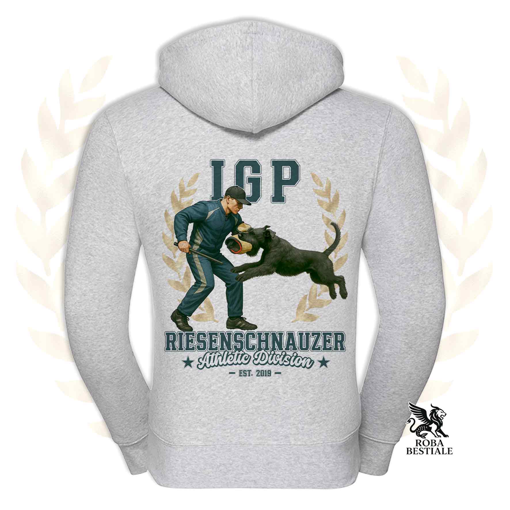 Una felpa con cappuccio e zip stampata con un Riesenschnauzer che fa IGP. Grafica originale Roba Bestiale