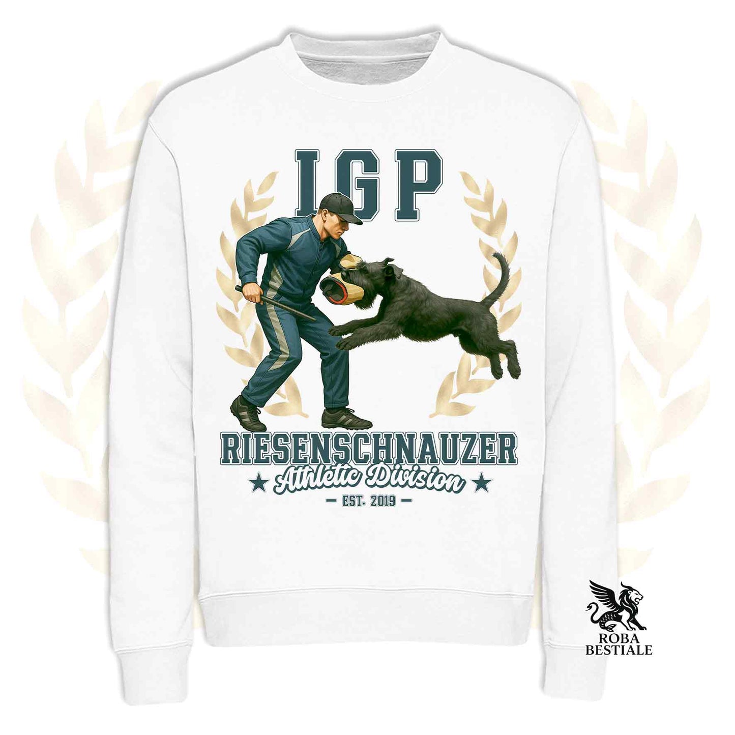Una felpa girocollo stampata con un Riesenschnauzer che fa IGP. Grafica originale Roba Bestiale