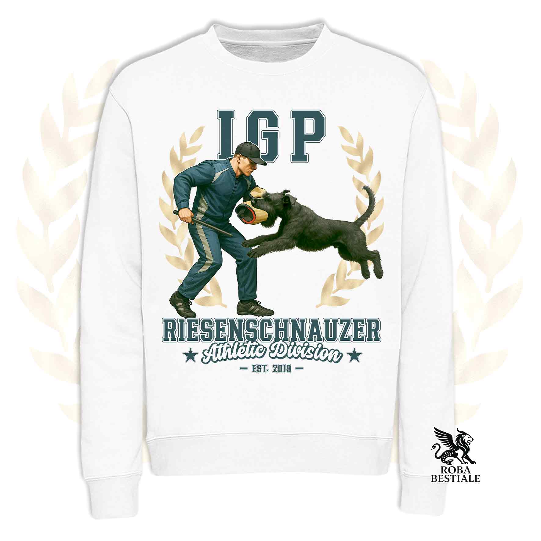 Una felpa girocollo stampata con un Riesenschnauzer che fa IGP. Grafica originale Roba Bestiale