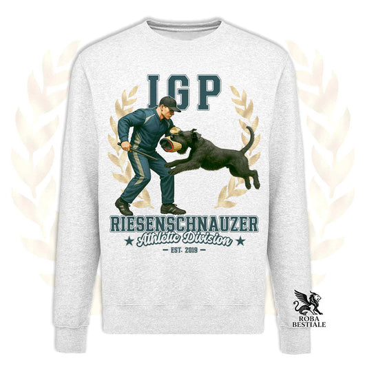 Una felpa girocollo stampata con un Riesenschnauzer che fa IGP. Grafica originale Roba Bestiale
